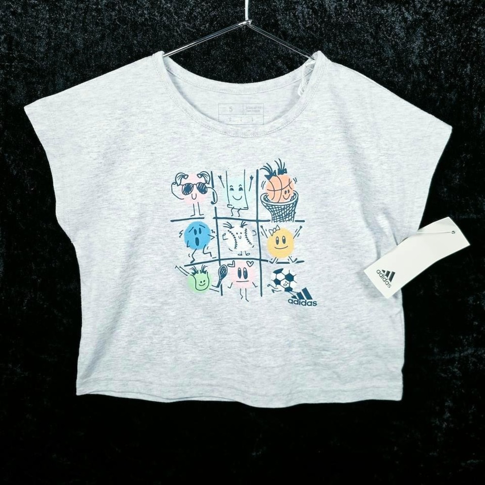 Adidas Girls Light Gray Heather Sports Graphic Crop Tee Shirt Size 5 NWT